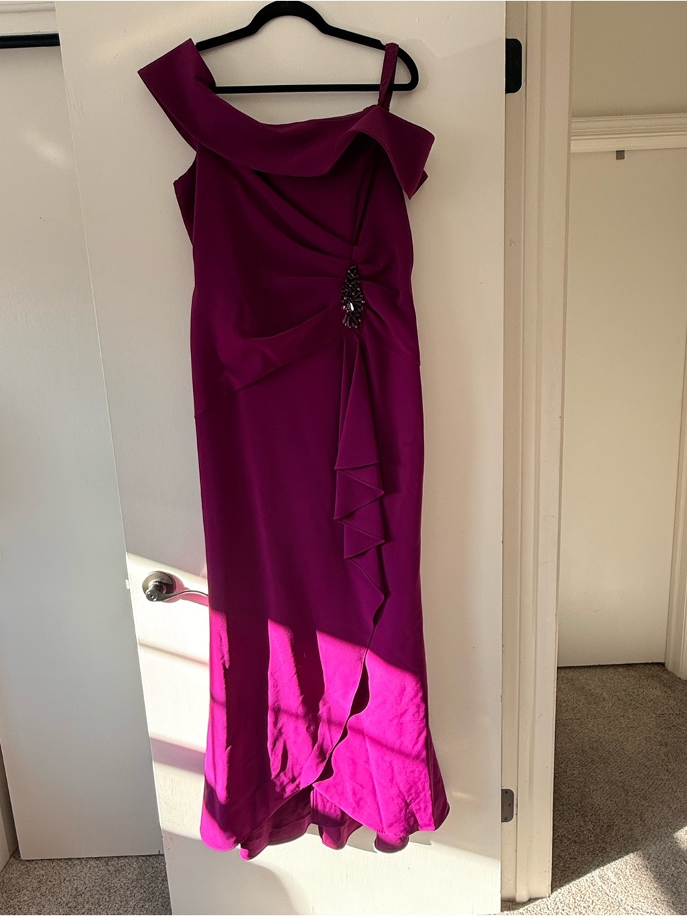 Adrianna Papell Magenta One-Shoulder Evening Gown with Brooch Detail